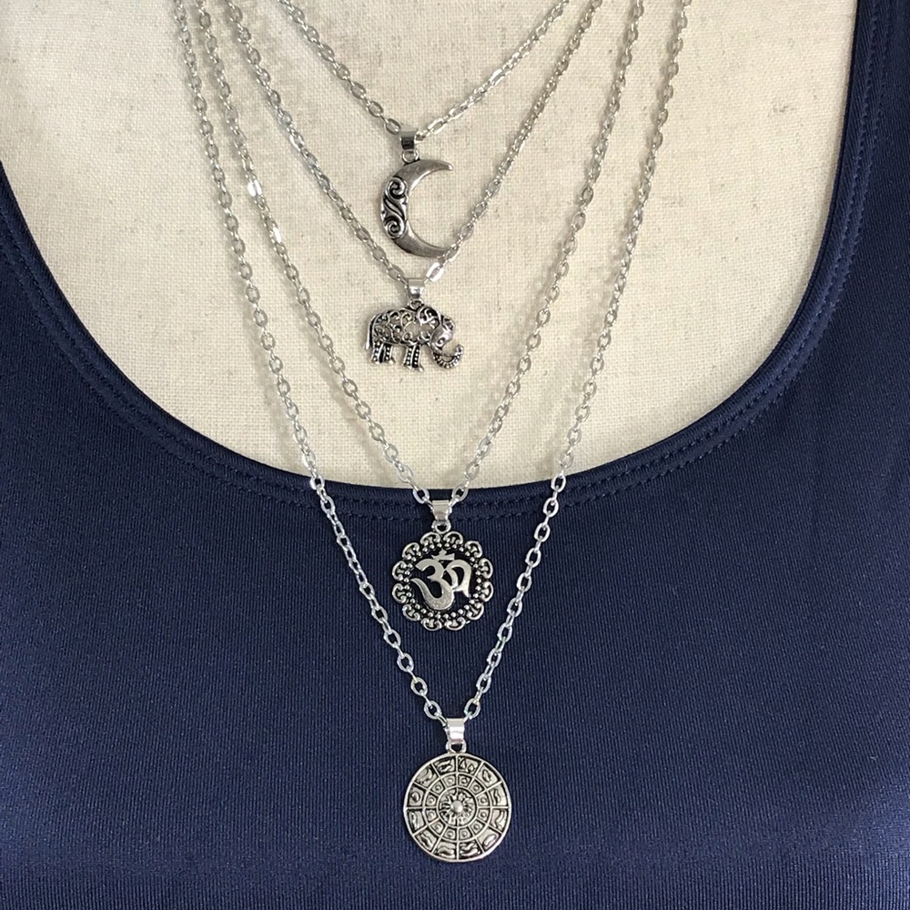 Silver Elephant & Moon Layered Long Necklace - Picture 2 of 5